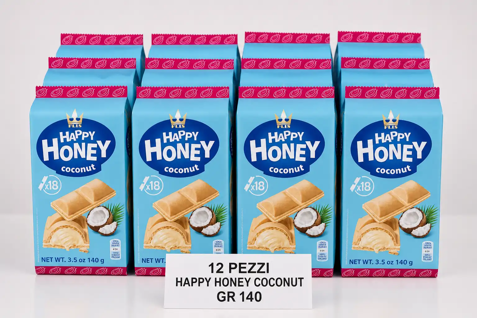 12 Confezioni Happy Honey Coconut 140g Snack Biscotti Ripieni Cocco Golosi Dolce