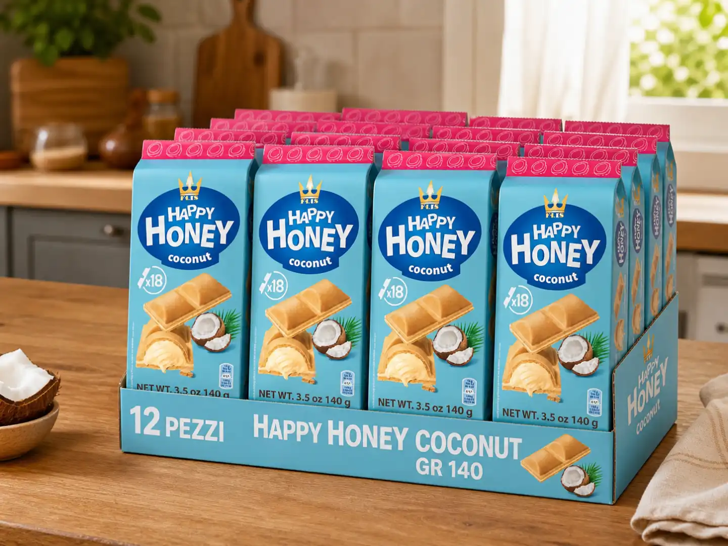 12 Confezioni Happy Honey Coconut 140g Snack Biscotti Ripieni Cocco Golosi Dolce
