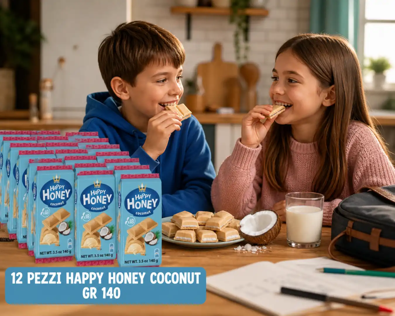12 Confezioni Happy Honey Coconut 140g Snack Biscotti Ripieni Cocco Golosi Dolce