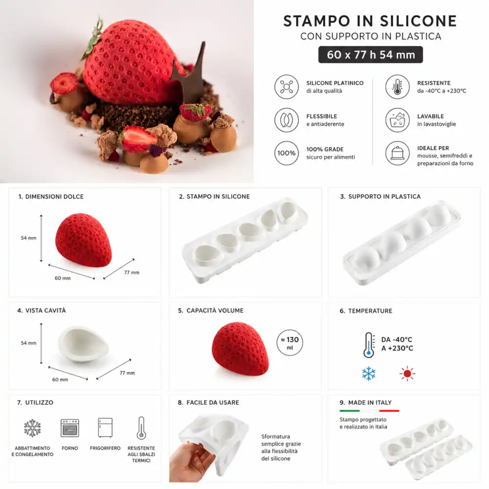 Stampo Silicone Fragola120 5 Cavità Con Supporto Plastica 60x77 H54 Mm