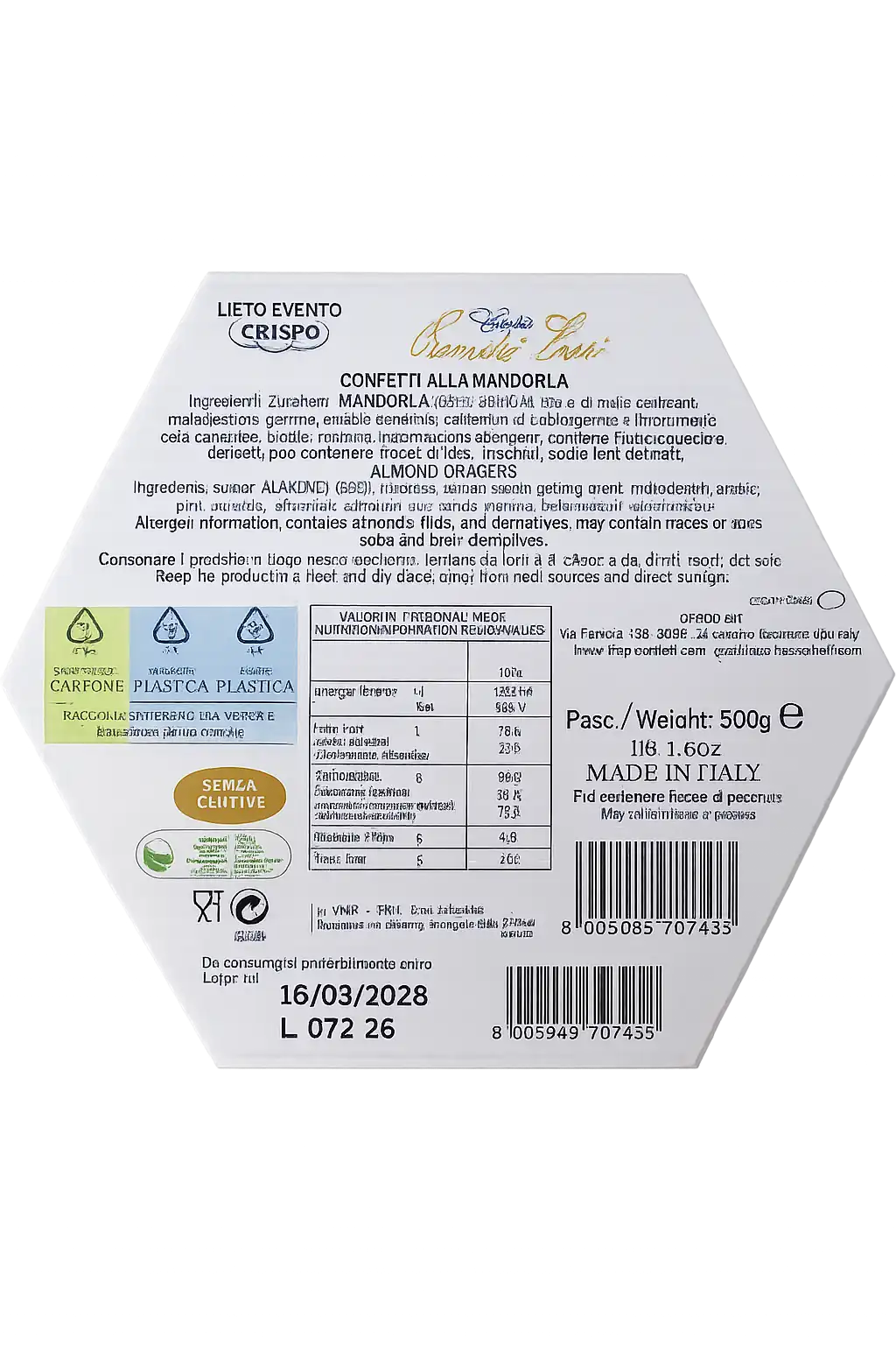 Lieto Evento Promessi Sposi Bianco Confetti Mandorla Bianca 500G Crispo Nozze XL