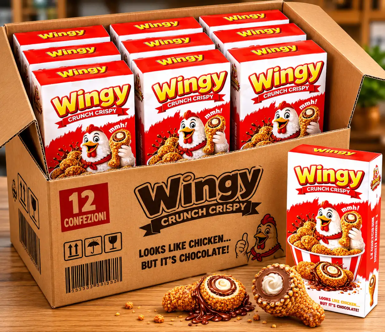 12 Pezzi Wingy Crunch Crispy Snack 50Gr Forma Aletta Pollo Cioccolato Max