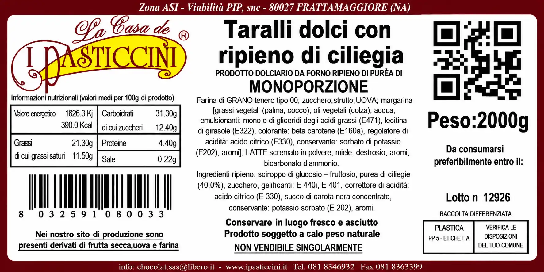 Taralli Dolci Ripieno Ciliegia 2Kg Monoporzione Snack Dolci Buffet Eventi Mix