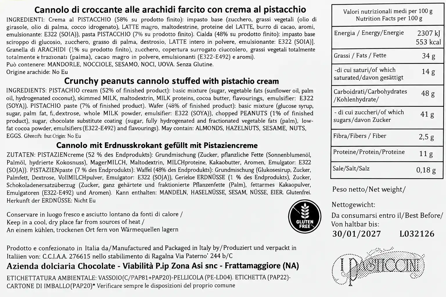 Cannoli Croccante Arachidi Crema Pistacchio Monoporzione 1Kg Senza Glutine