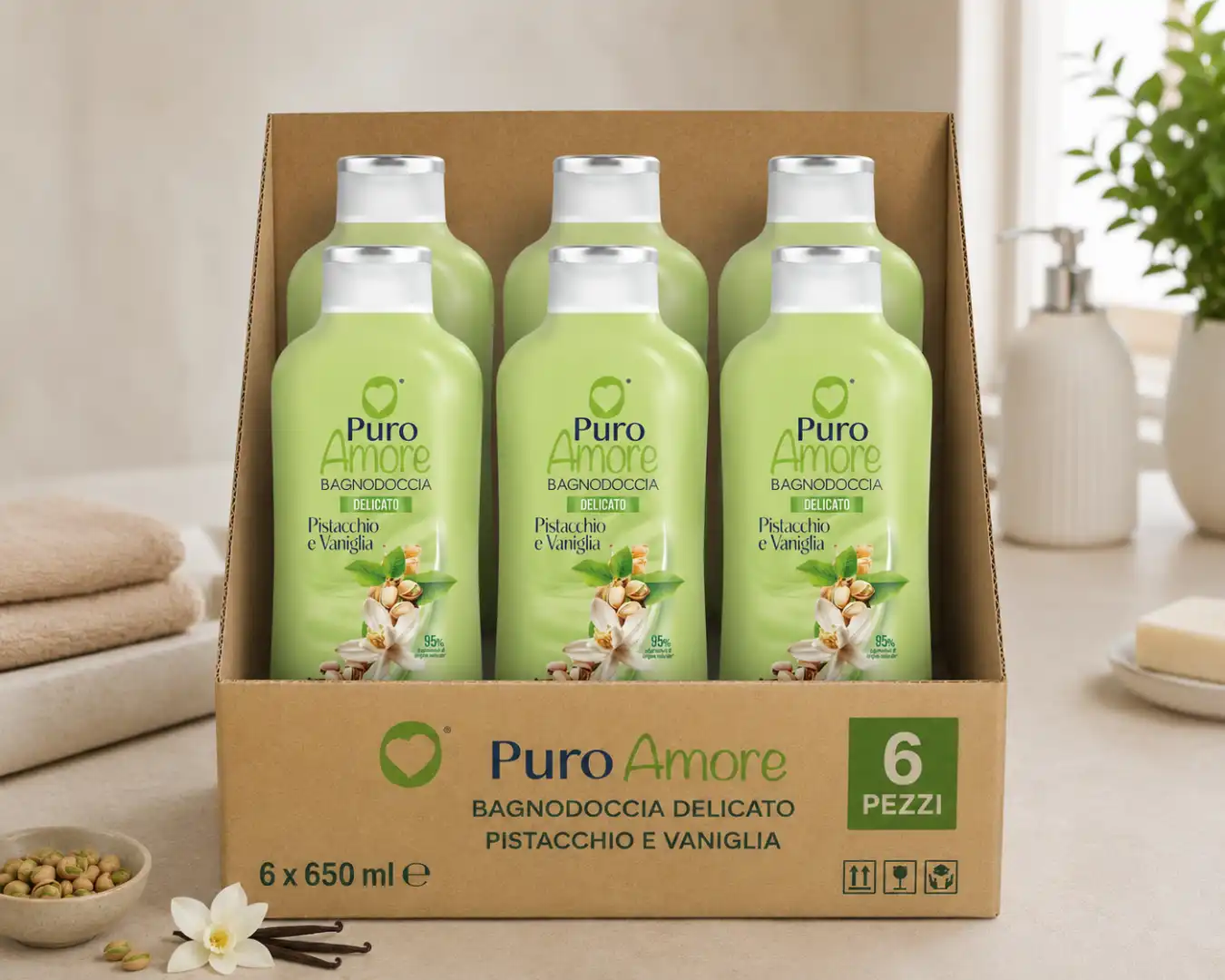 Puro Amore Bagnodoccia Pistacchio Vaniglia 6x650ml Delicato Profumato 650