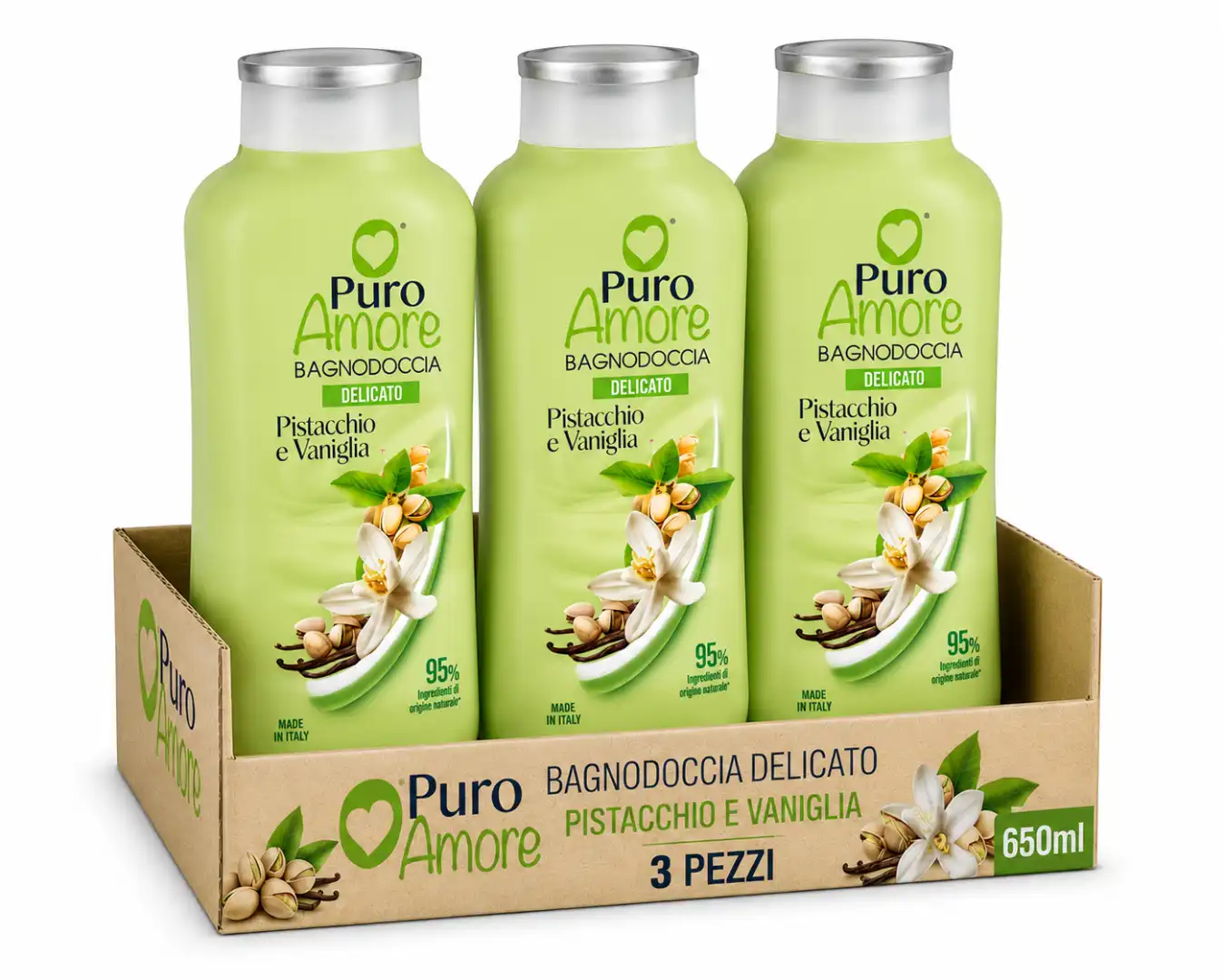 Puro Amore Bagnodoccia Pistacchio Vaniglia 3x650ml Delicato Profumato