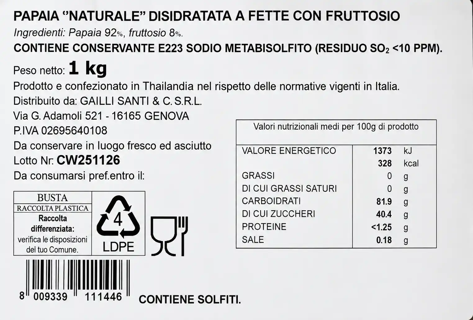 Papaia Naturale Disidratata Thailandia 1Kg Frutta Essiccata Snack Dolce