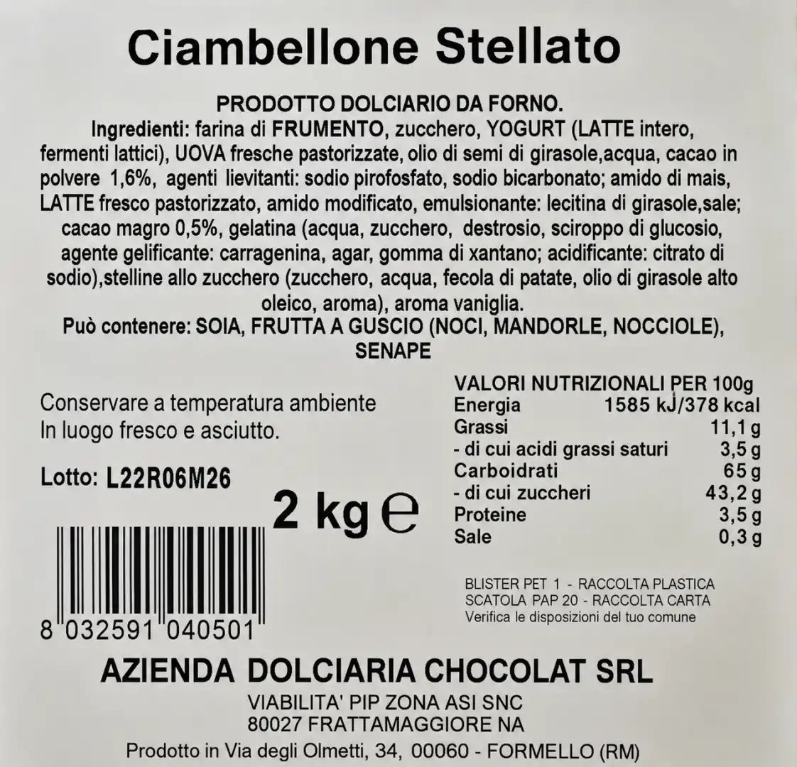 Ciambellone Stellato Artigianale 2Kg Dolce Da Forno Cacao Con Stelline Zucchero