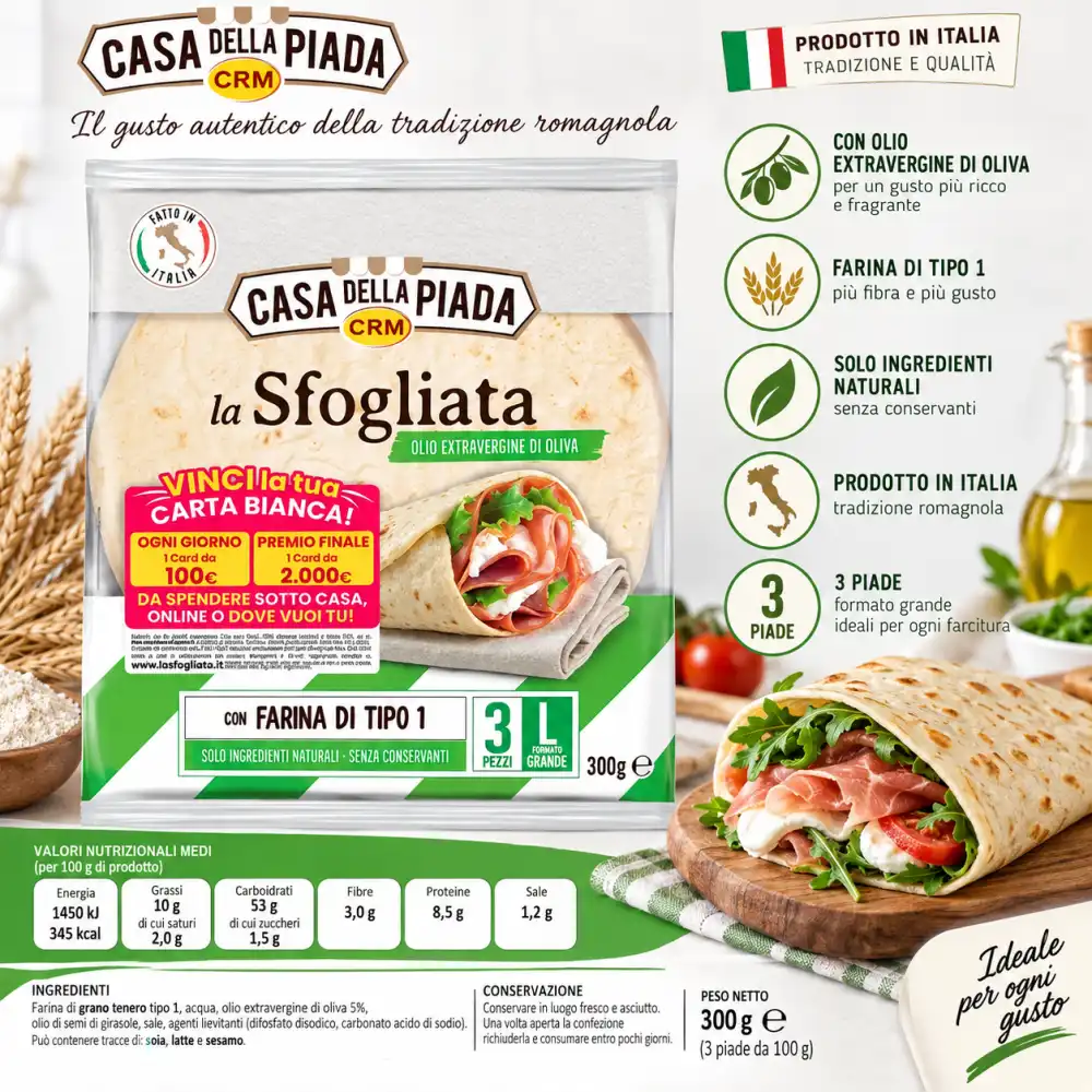 16 Pezzi CRM Piadina La Sfogliata 300g Olio EVO Farina Tipo 1 Senza Conservanti!
