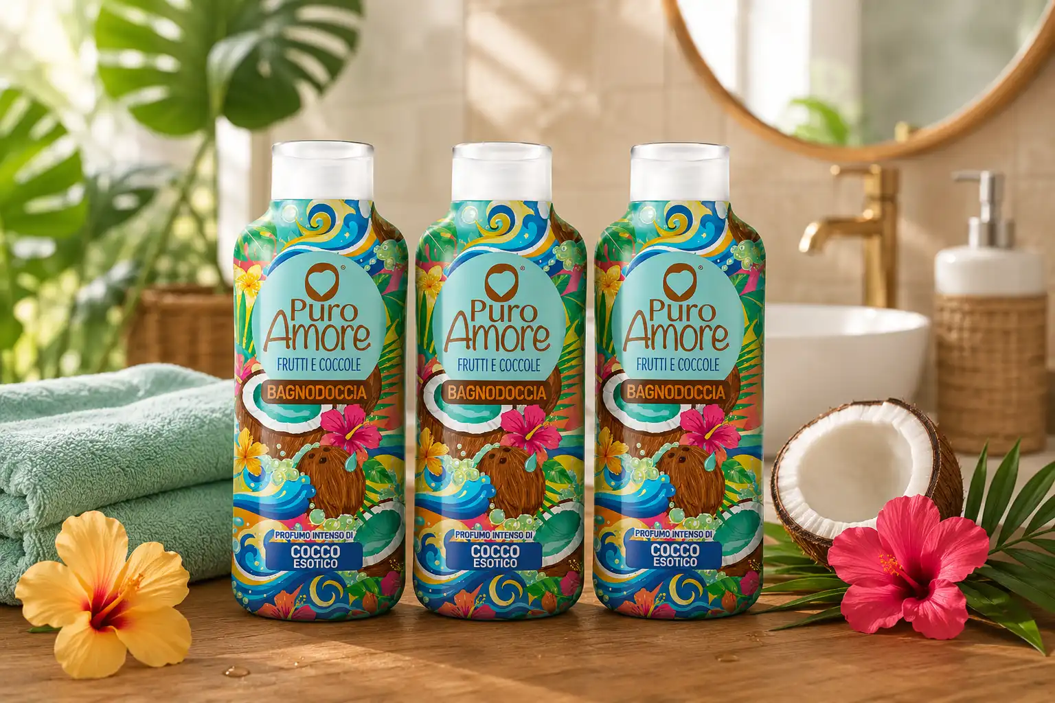 3 Pezzi Puro Amore Bagnodoccia Cocco Esotico 650Ml Bagno Doccia Profumato 1950Ml