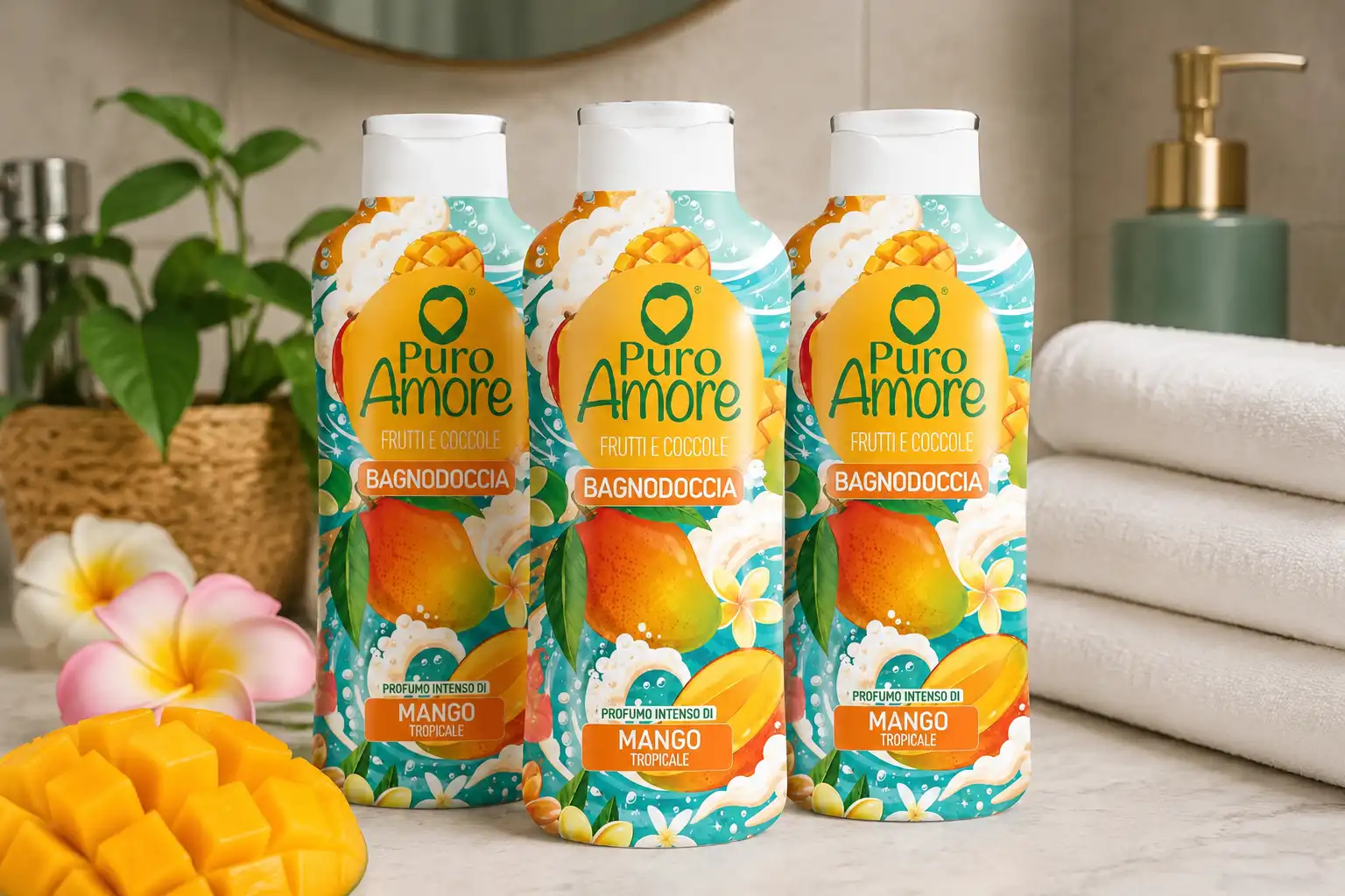 3 Pezzi Puro Amore Bagnodoccia Mango Tropicale 650Ml Bagno Doccia 1,95L