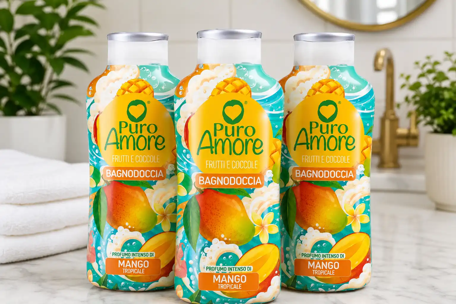 3 Pezzi Puro Amore Bagnodoccia Mango Tropicale 650Ml Bagno Doccia 1,95L