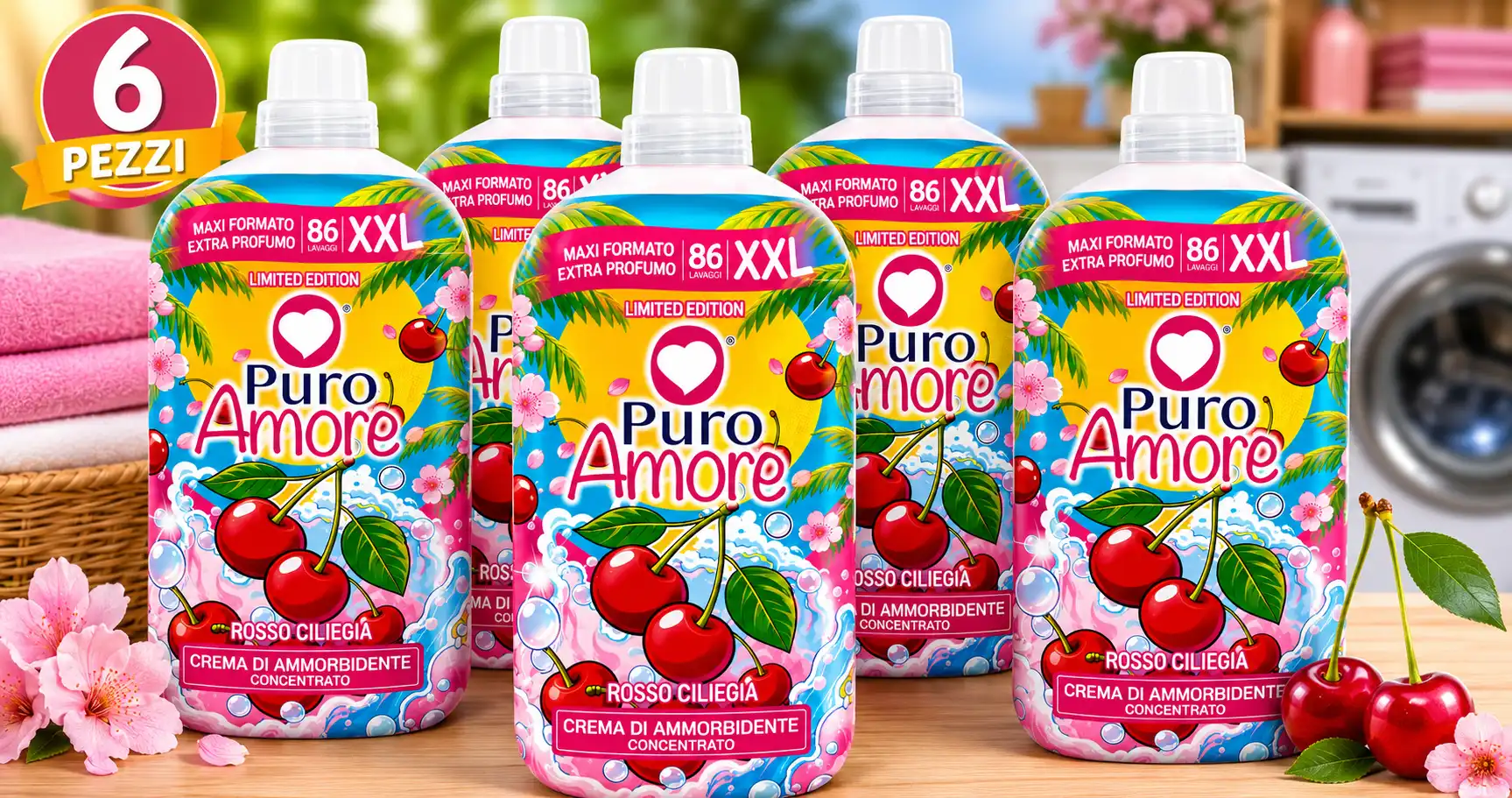 6 Pezzi Puro Amore Ammorbidente Concentrato 86 Misure XXL Ciliegia 516 Lavaggi