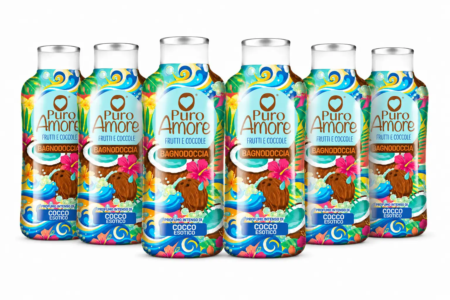 6 Pezzi Puro Amore Bagnodoccia Cocco Esotico 650Ml Bagno Doccia Profumato 3,9Lt
