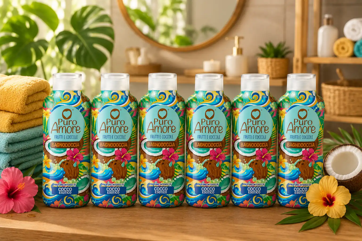 6 Pezzi Puro Amore Bagnodoccia Cocco Esotico 650Ml Bagno Doccia Profumato 3,9Lt