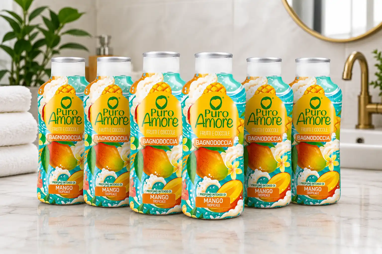 6 Pezzi Puro Amore Bagnodoccia Mango Tropicale 650Ml Bagno Doccia Profumato 3,9L