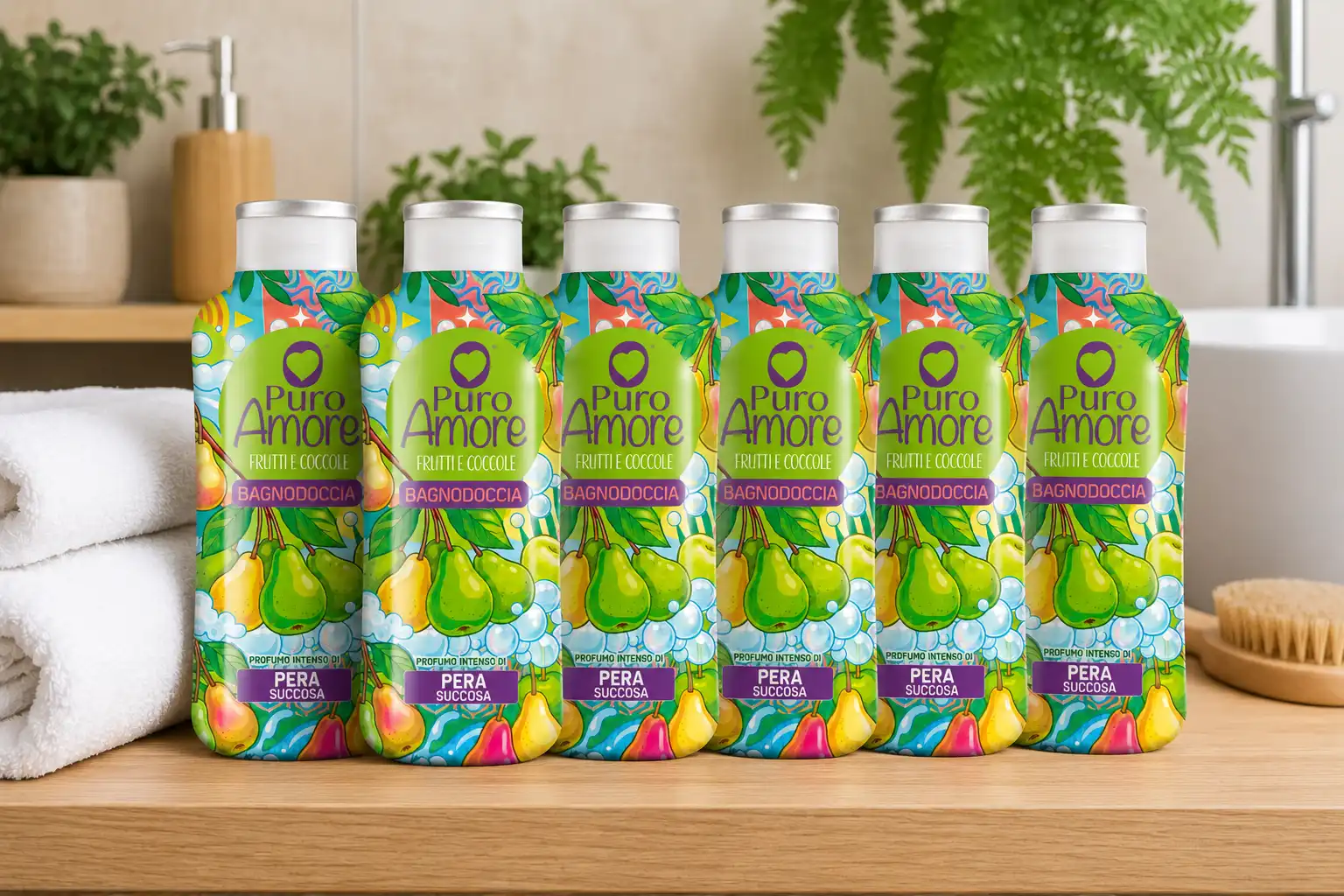 6 Pezzi Puro Amore Bagnodoccia Pera Succosa 650Ml Bagno Doccia Profumato 3,9L