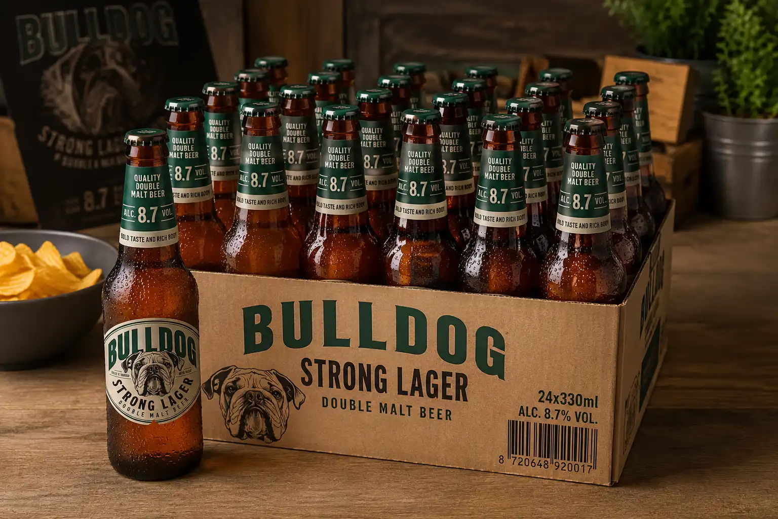 24 Pezzi Bulldog Birra Strong Lager Cl 33 Doppio Malto 8,7% Vol Bottiglie Pack