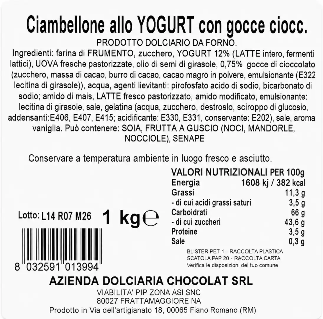 Ciambellone Yogurt Gocce Cioccolato 1 Kg Dolce Da Forno Soffice Artigianale