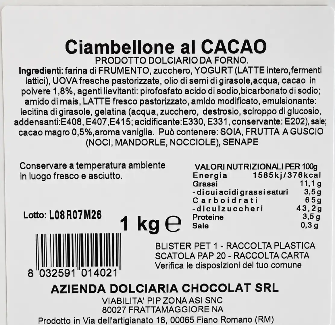 Ciambellone Al Cacao Artigianale 1 Kg Dolce Da Forno Morbido E Goloso 1Kg