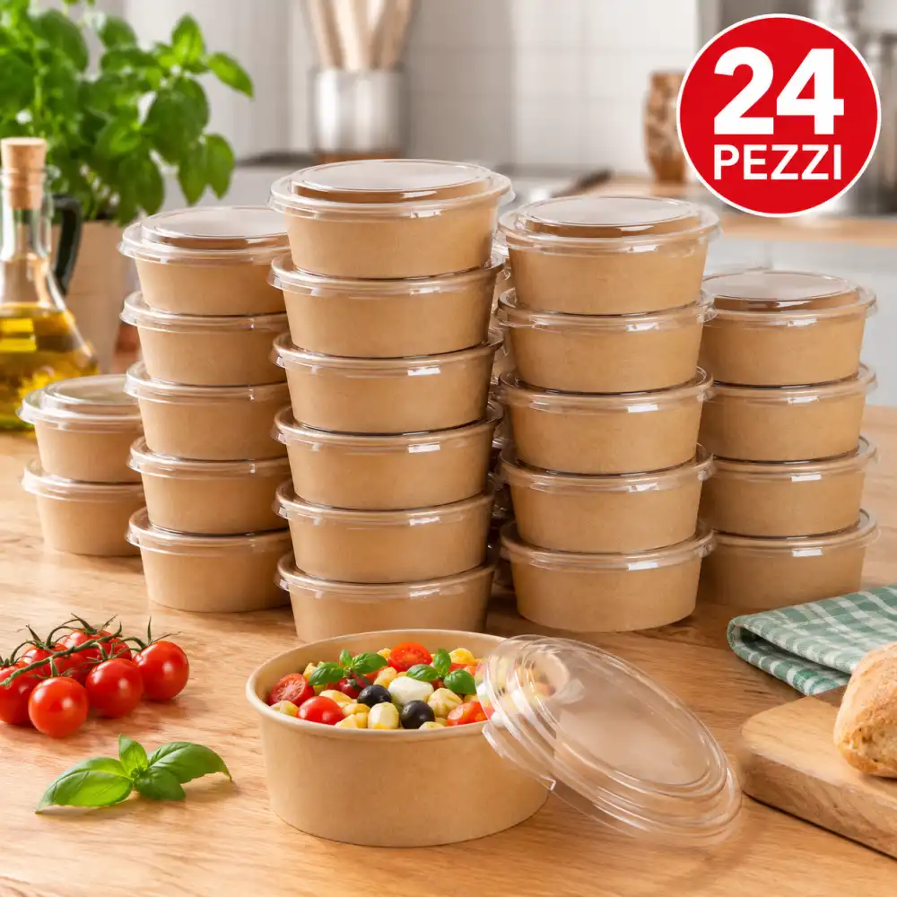 24 Contenitori Poke Carta 750Ml Con Coperchio Decla Vaschette Asporto Alimenti