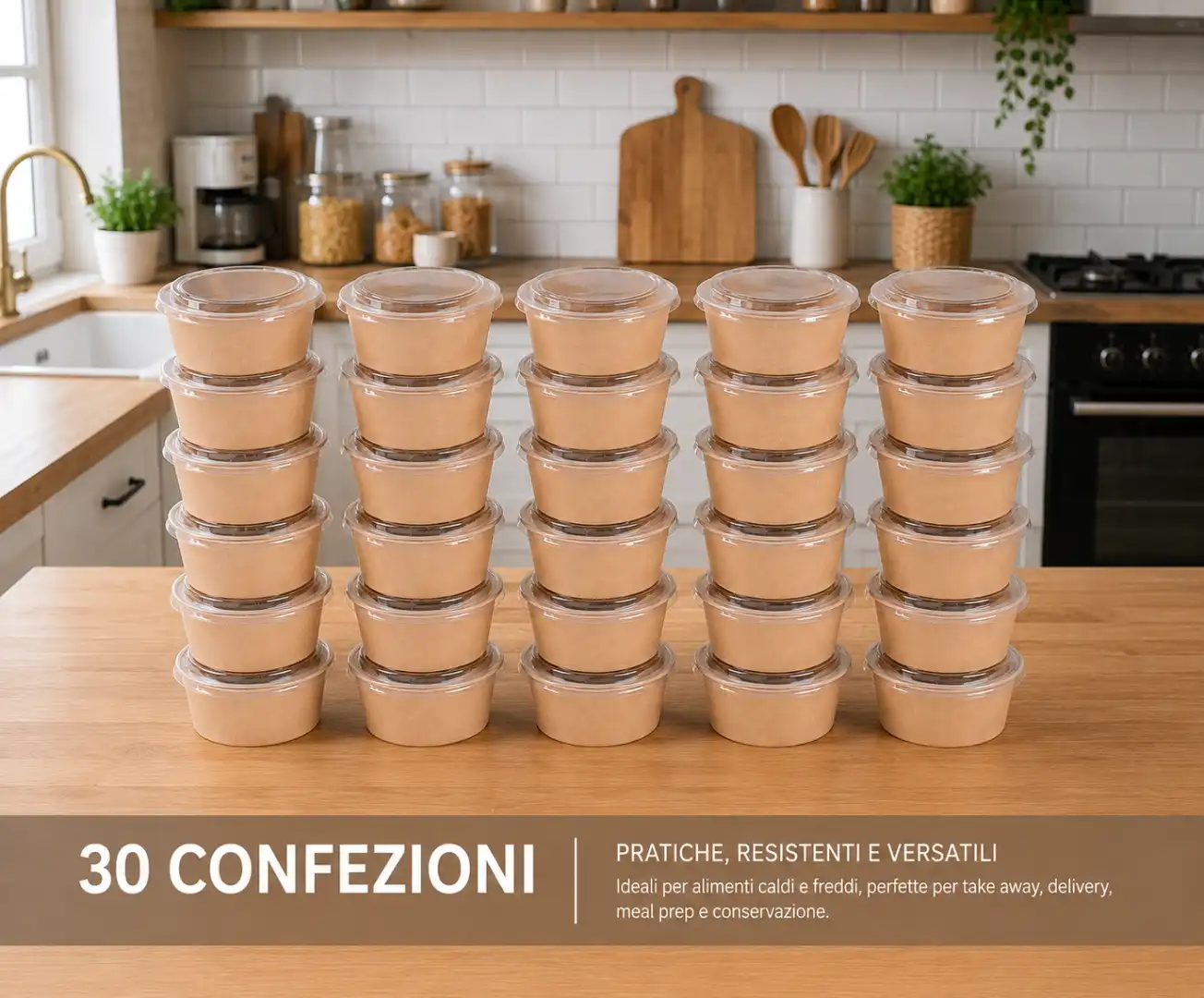 30 Contenitori Poke Carta 500Ml Con Coperchio Decla Vaschette Asporto Alimenti