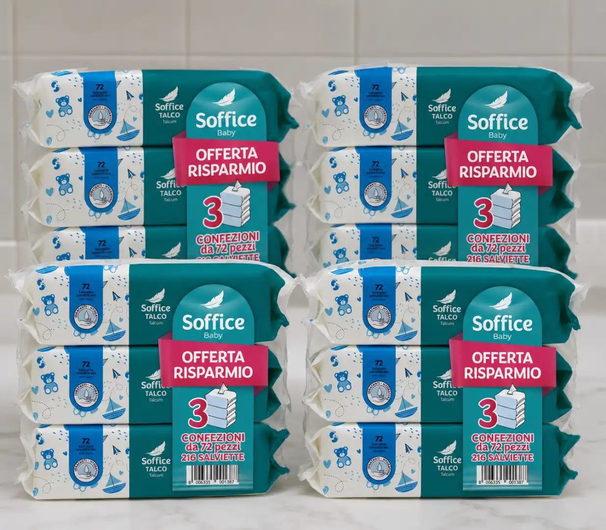 4 Tripack Soffice Baby Salviette Talco 72Pz Neonati 864 Salviette Totali Kit