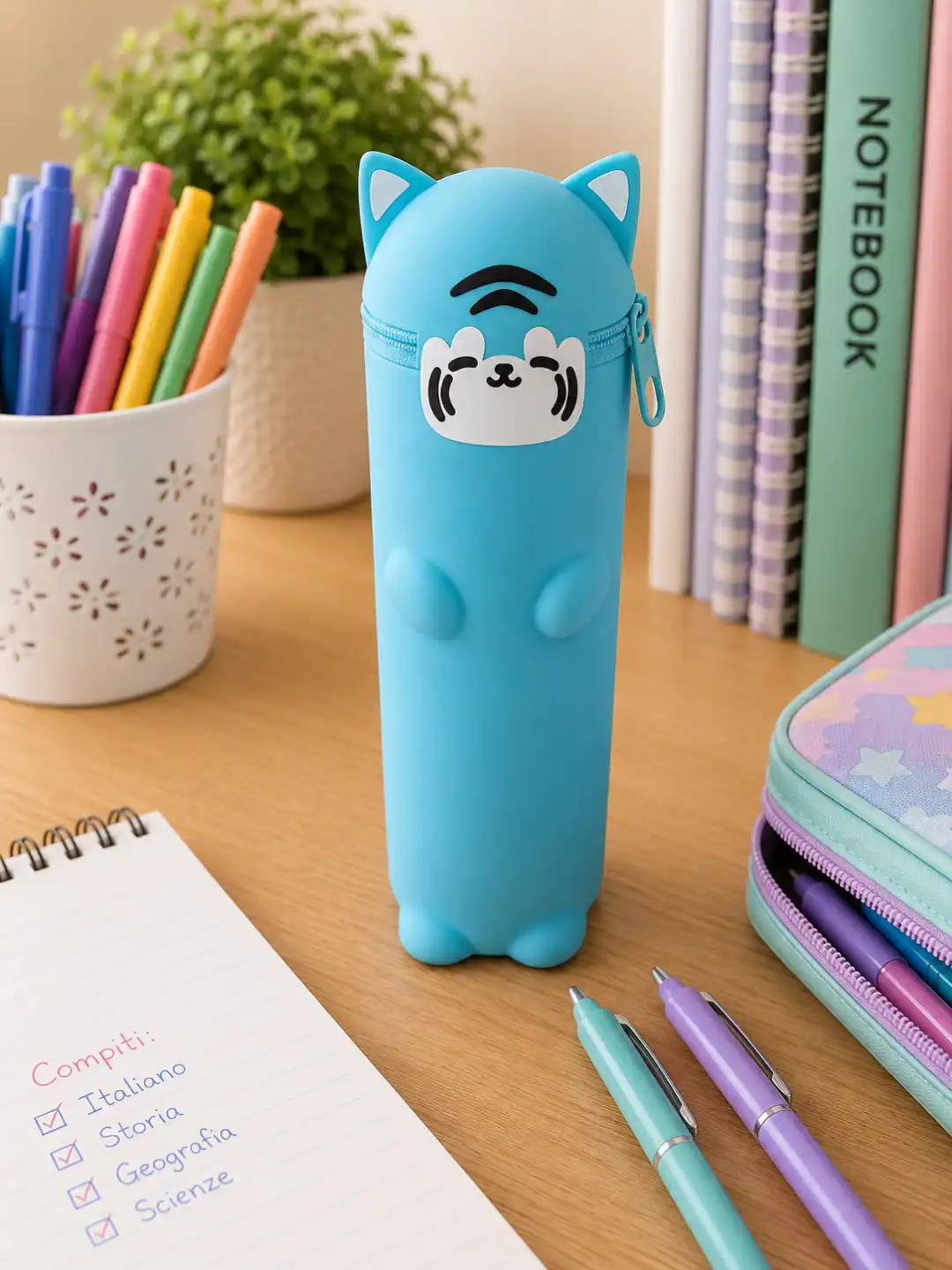 Astuccio Silicone Gatto Azzurro Turchese 20x6,5x5 cm Portapenne Zip Scuola Bimbi