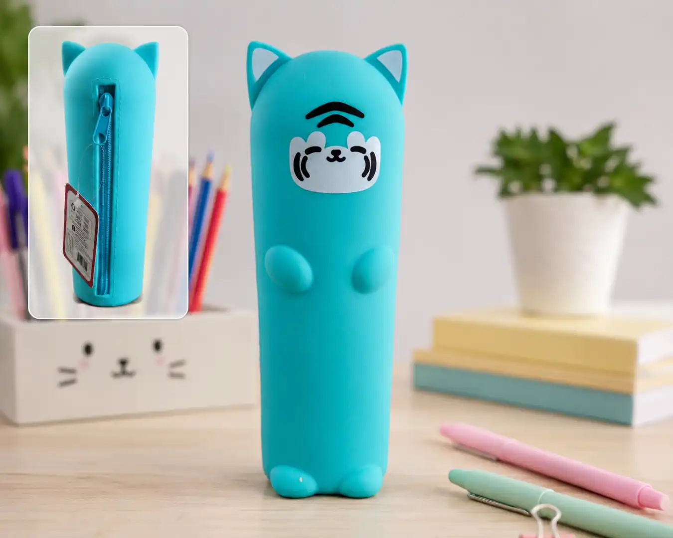 Astuccio Silicone Gatto Azzurro Turchese 20x6,5x5 cm Portapenne Zip Scuola Bimbi