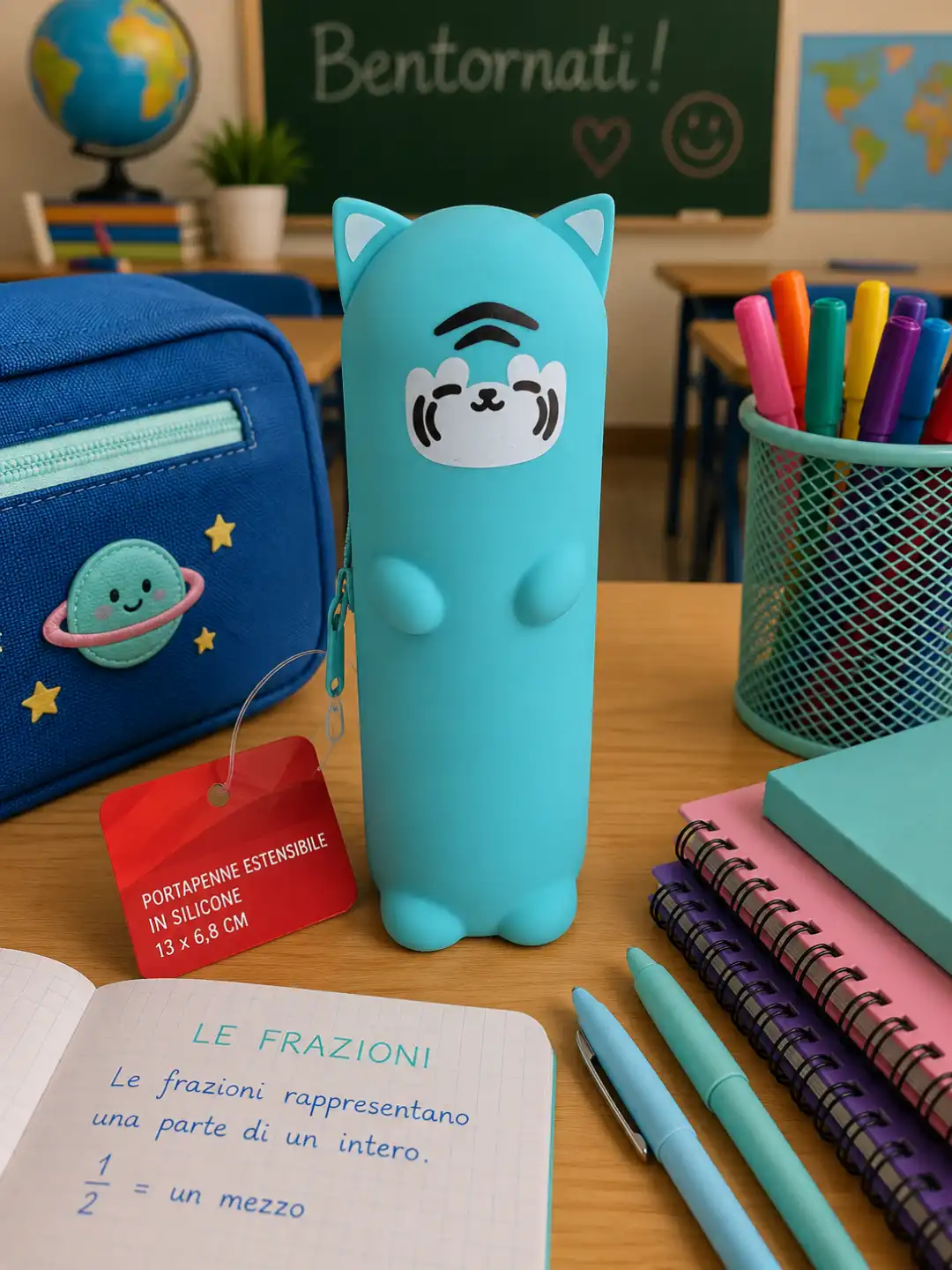 Astuccio Silicone Gatto Azzurro Turchese 20x6,5x5 cm Portapenne Zip Scuola Bimbi