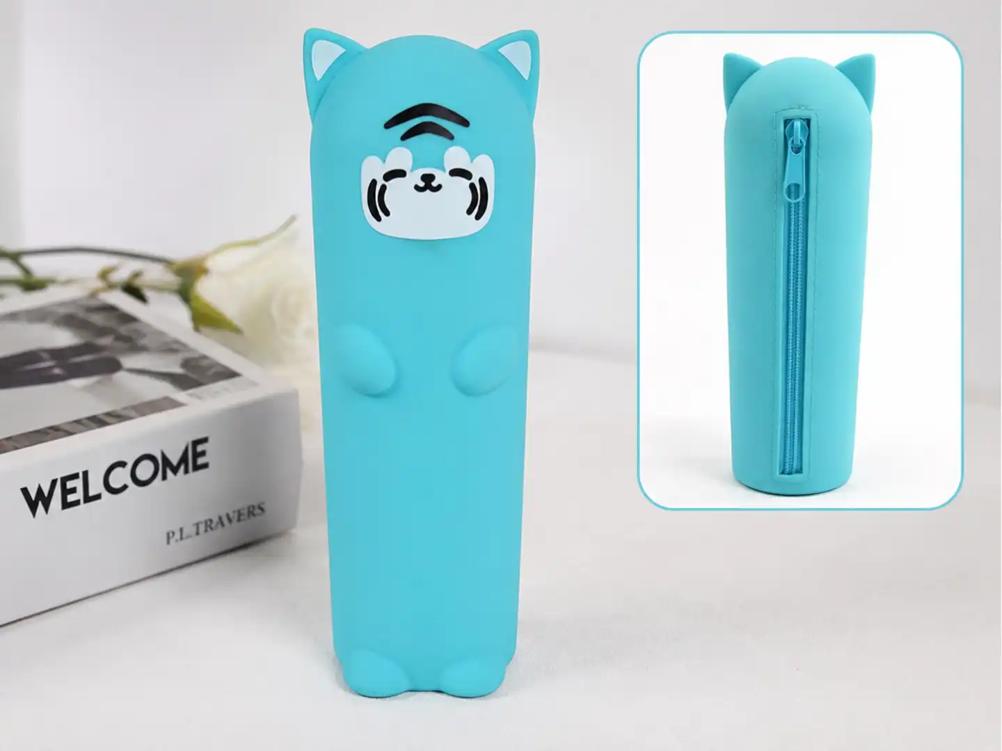 Astuccio Silicone Gatto Azzurro Turchese 20x6,5x5 cm Portapenne Zip Scuola Bimbi