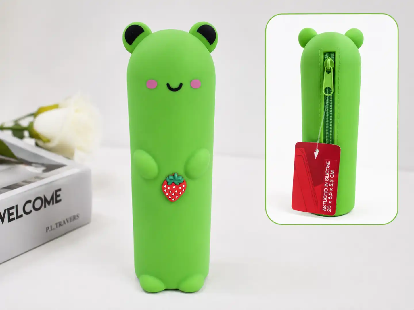 Astuccio Silicone Verde Lime 20x6,5x5cm Portapenne Zip Orsetto Fragola Scuola