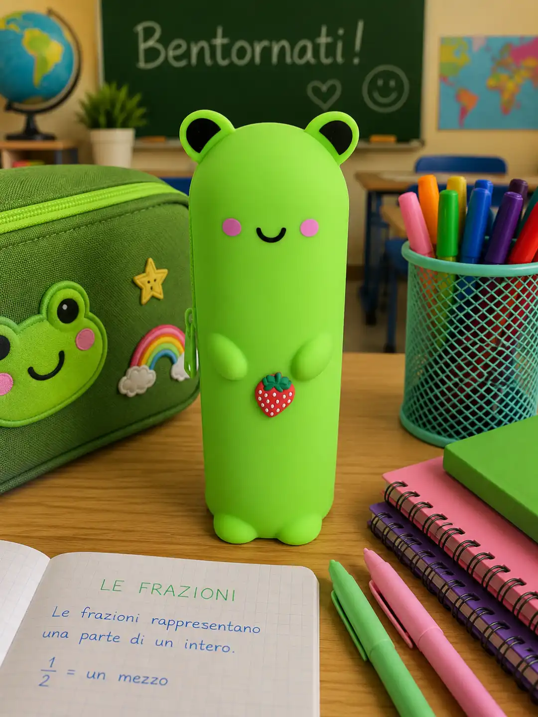 Astuccio Silicone Verde Lime 20x6,5x5cm Portapenne Zip Orsetto Fragola Scuola