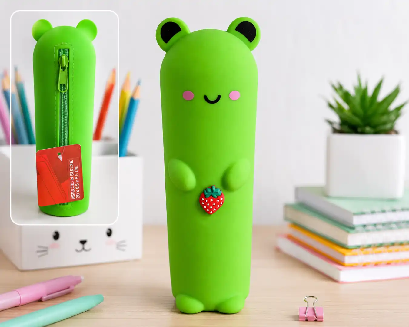 Astuccio Silicone Verde Lime 20x6,5x5cm Portapenne Zip Orsetto Fragola Scuola