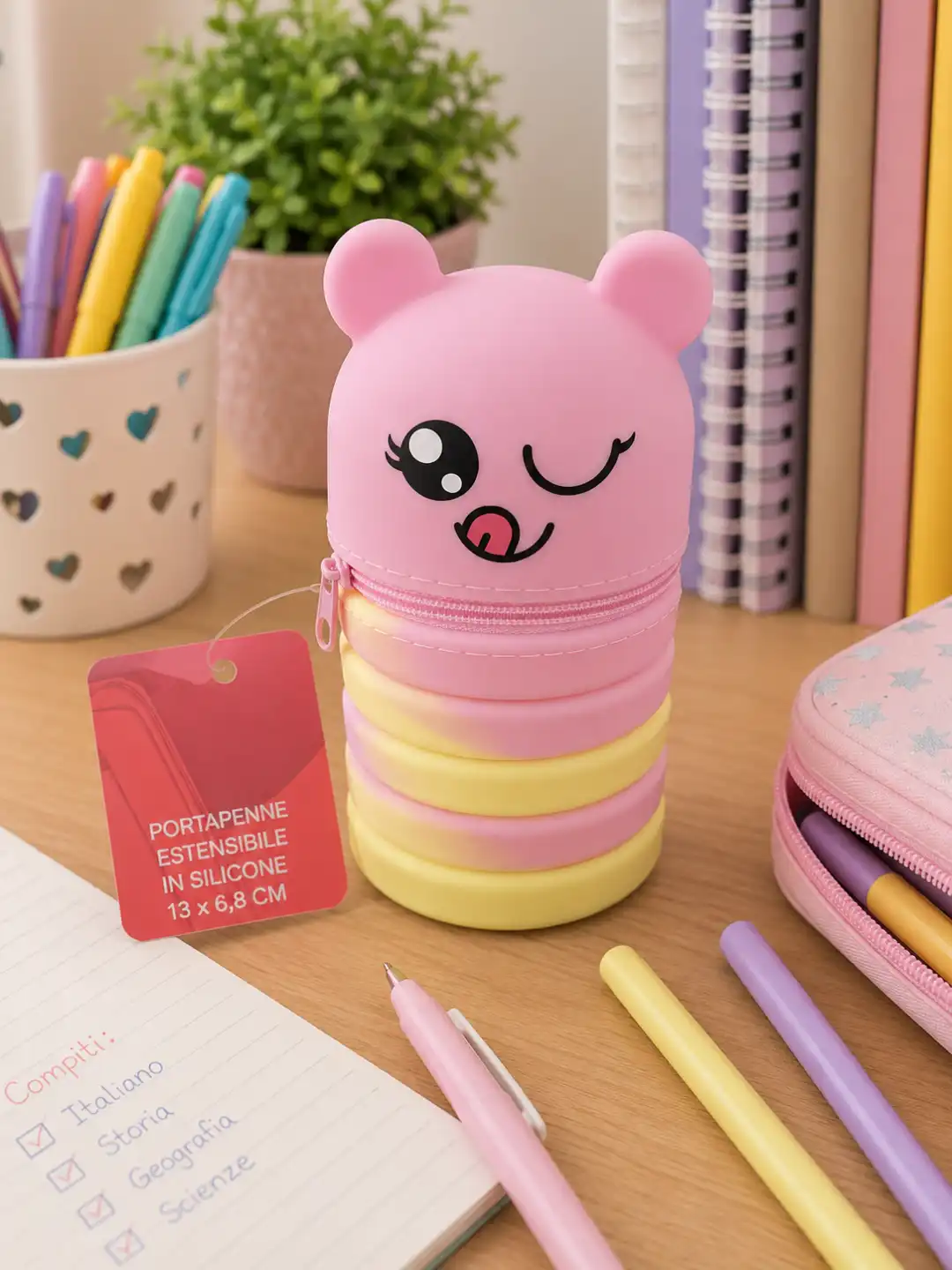 Portapenne Estensibile Silicone Orsetto Rosa Pastello 13x6,8cm Astuccio Zip