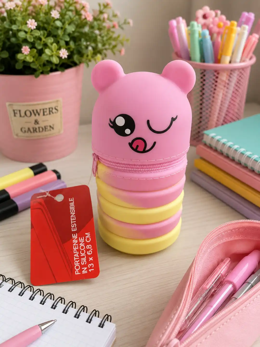 Portapenne Estensibile Silicone Orsetto Rosa Pastello 13x6,8cm Astuccio Zip