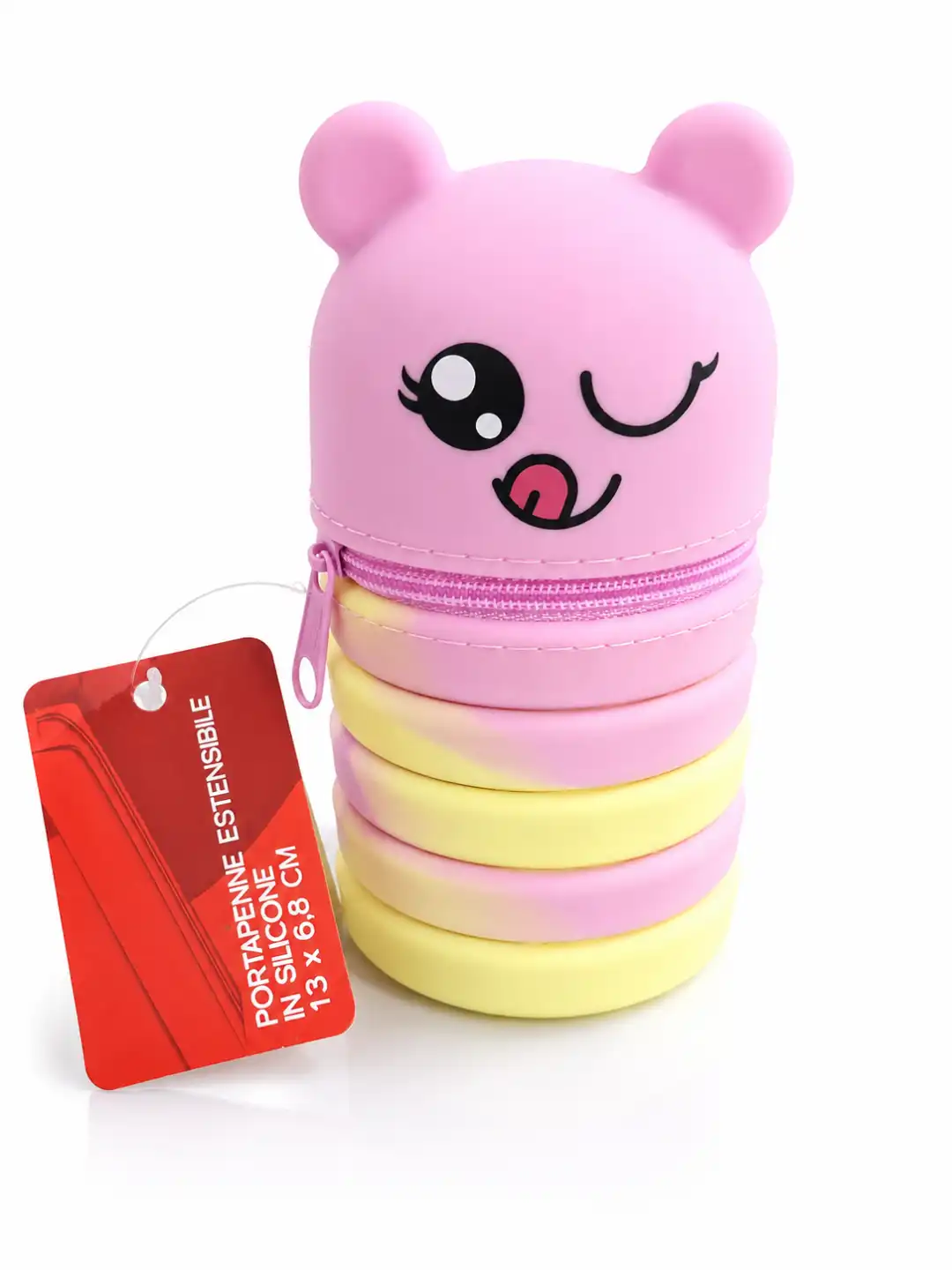 Portapenne Estensibile Silicone Orsetto Rosa Pastello 13x6,8cm Astuccio Zip