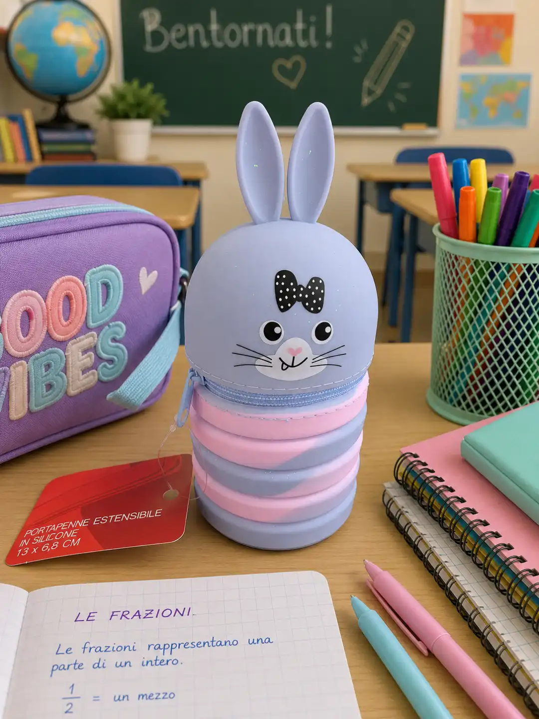 Portapenne Estensibile Silicone Coniglio Azzurro 13x6,8Cm Astuccio Scuola Zip