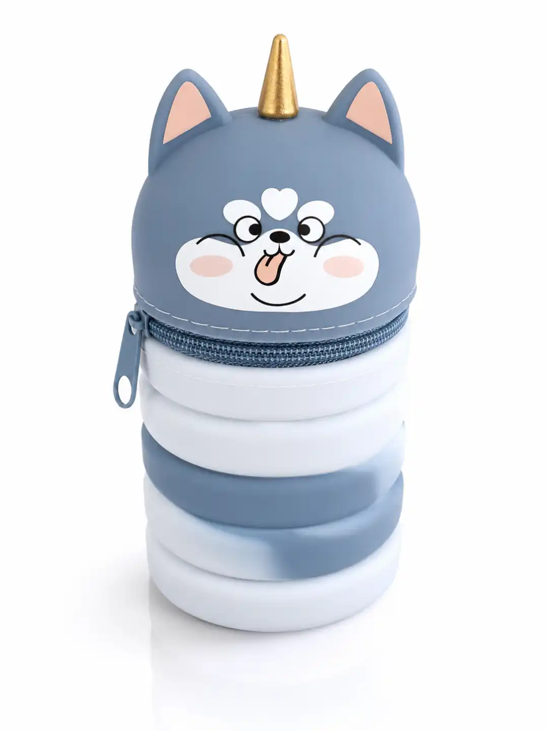 Portapenne Estensibile Silicone Gatto Unicorno 13x6,8Cm Astuccio Scuola Zip Blu