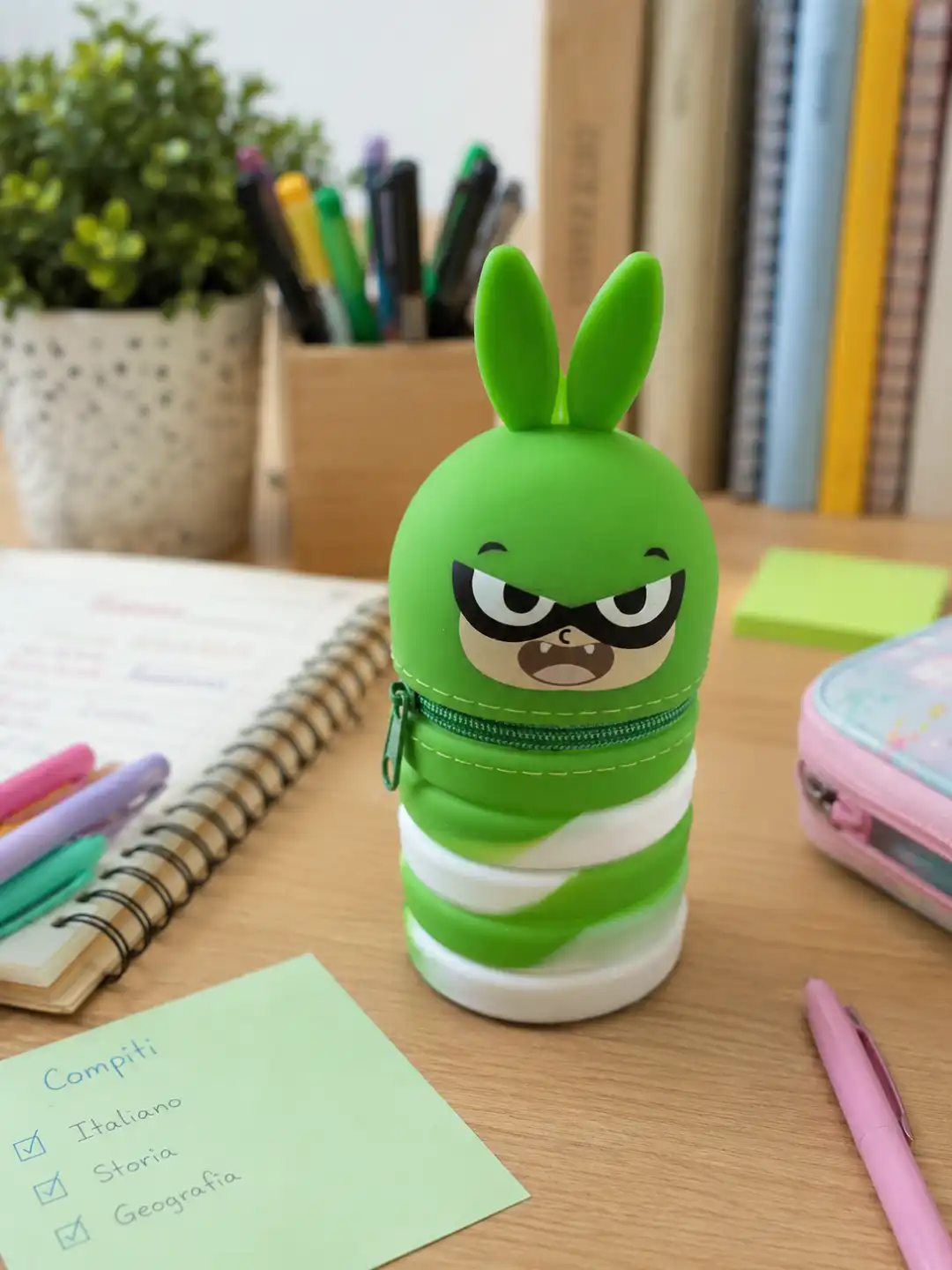 Portapenne Estensibile Silicone Coniglio Verde 13x6,8Cm Astuccio Scuola Bambini