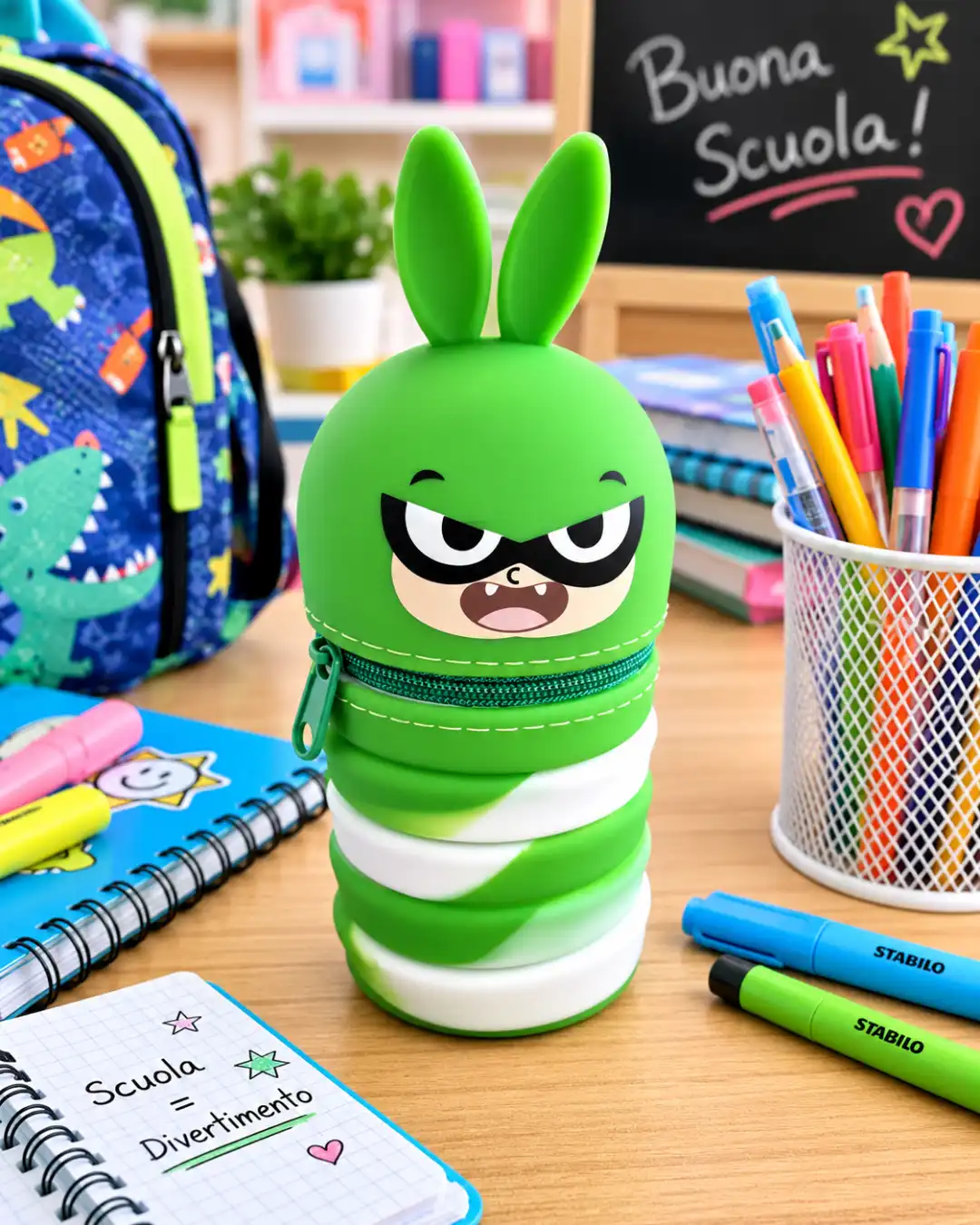 Portapenne Estensibile Silicone Coniglio Verde 13x6,8Cm Astuccio Scuola Bambini