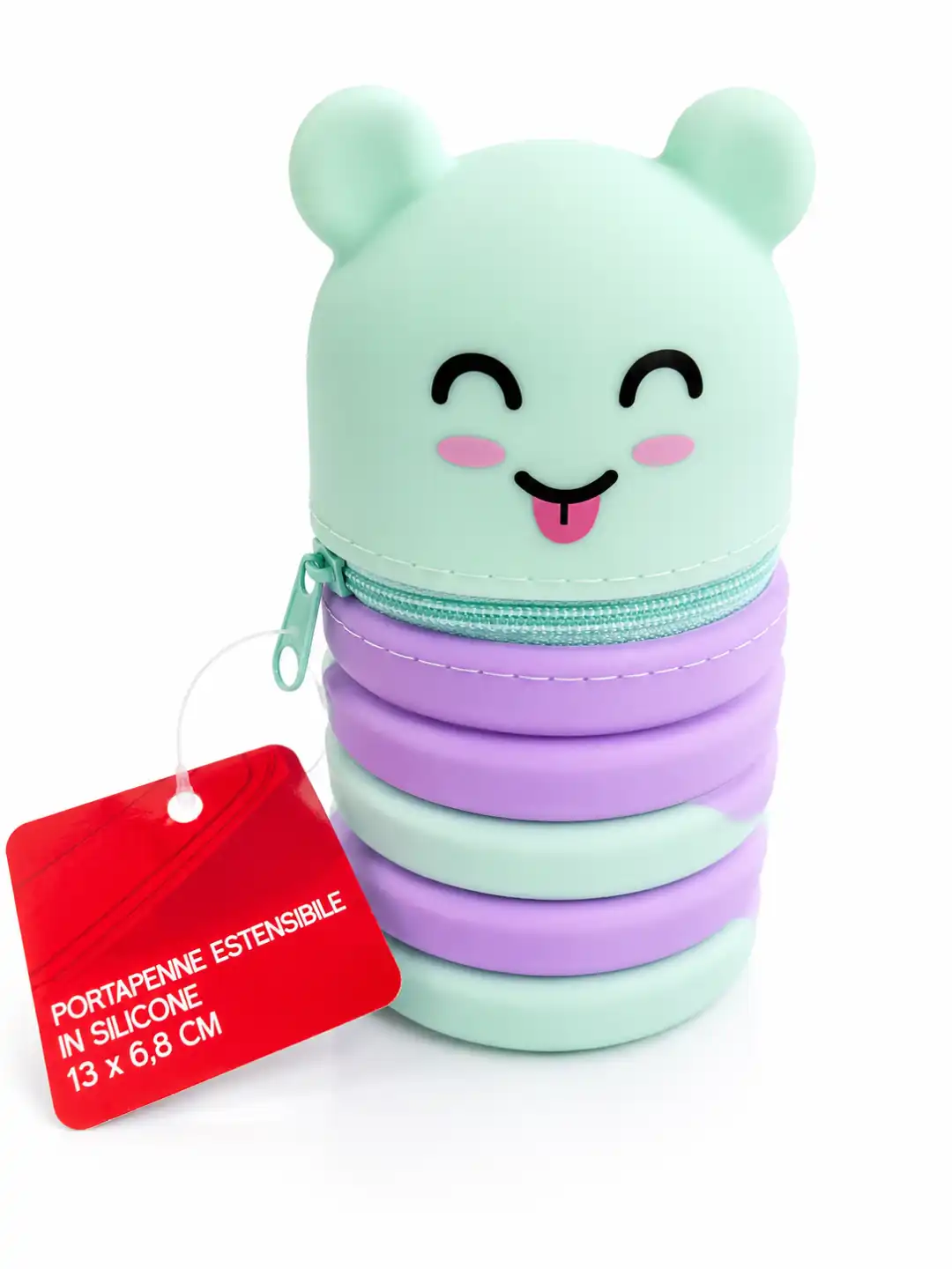 Portapenne Estensibile Silicone Orsetto Verde Acqua Menta Lilla 13x6,8cm Zip