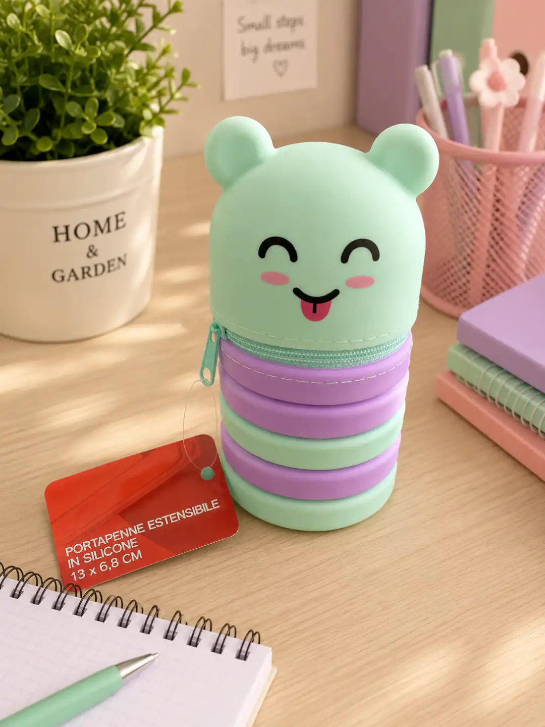 Portapenne Estensibile Silicone Orsetto Verde Acqua Menta Lilla 13x6,8cm Zip