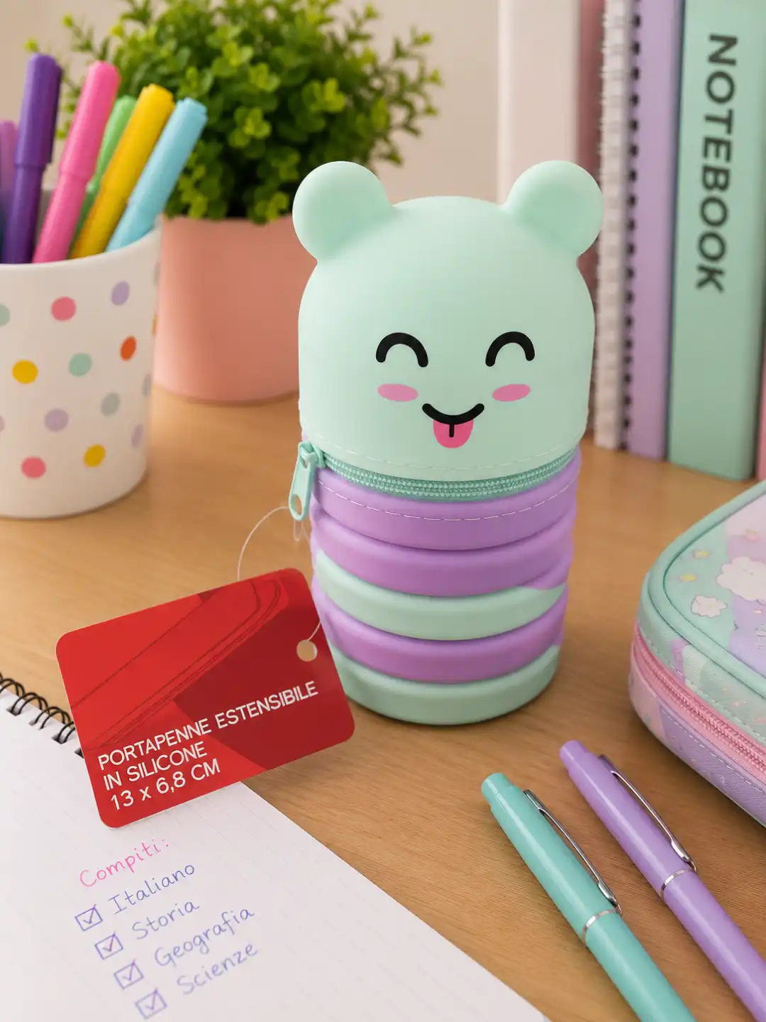 Portapenne Estensibile Silicone Orsetto Verde Acqua Menta Lilla 13x6,8cm Zip