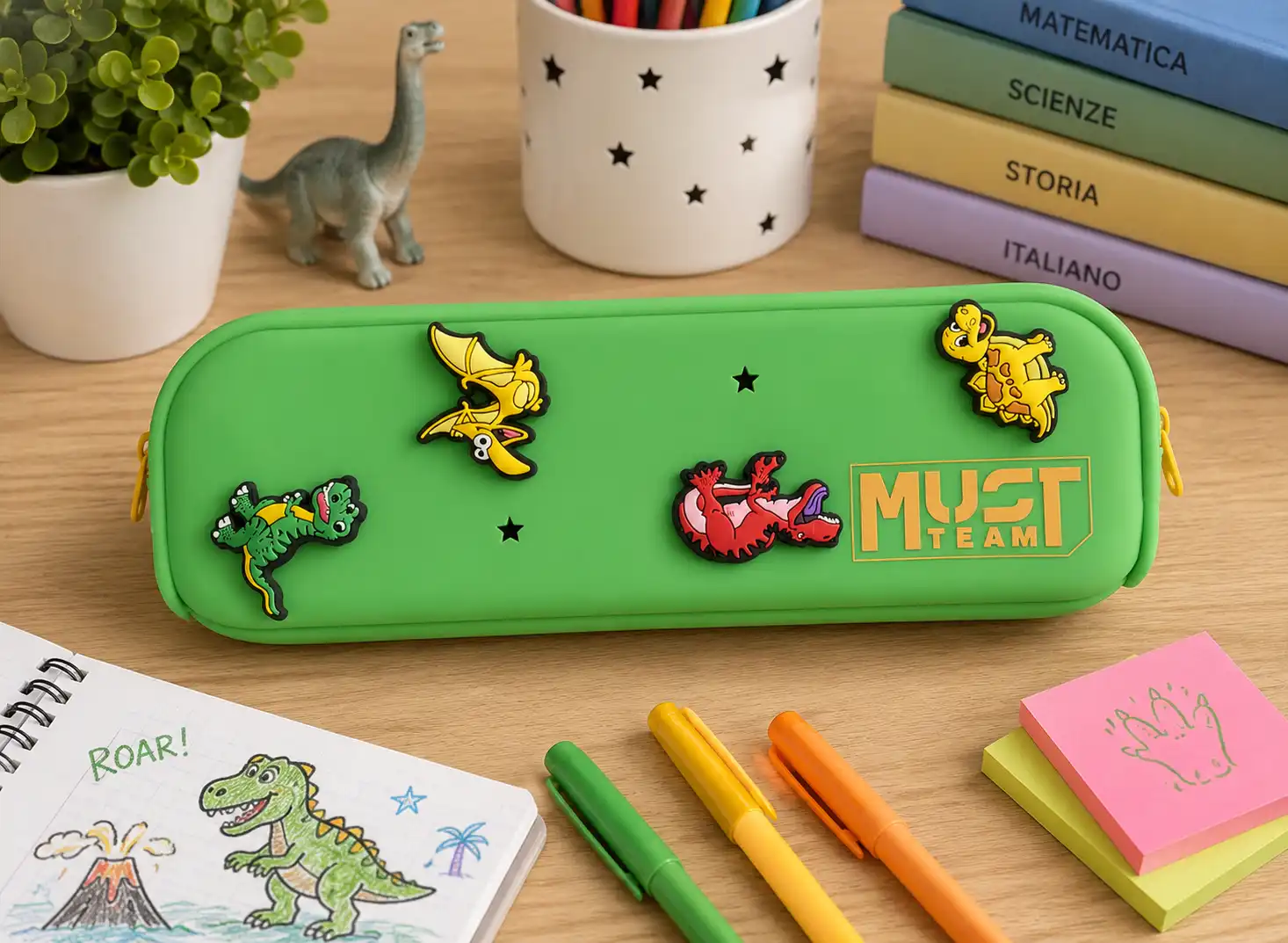 Astuccio In Silicone Verde Smeraldo 20x5x6Cm Portapenne Dinosauri Scuola Zip