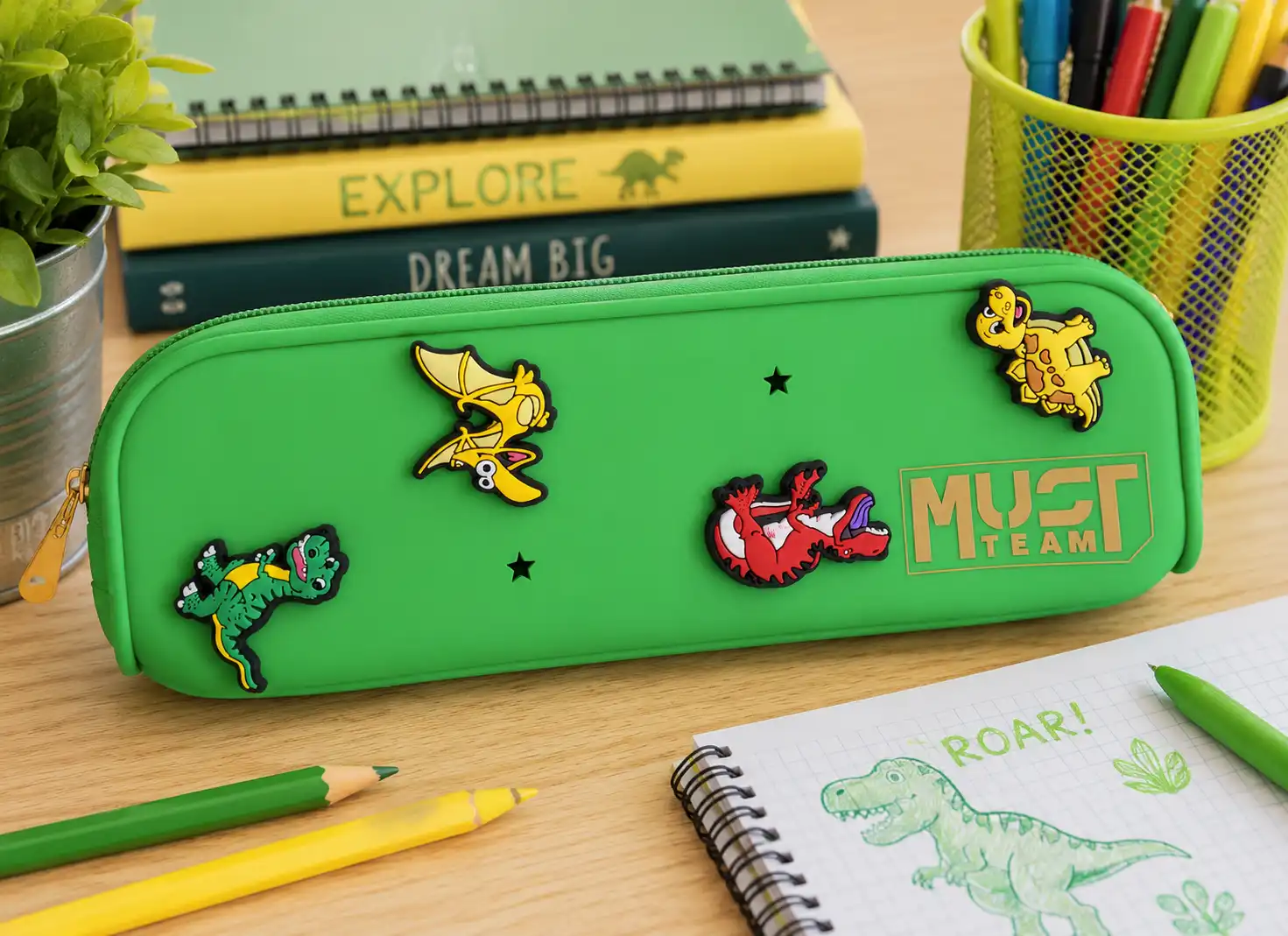 Astuccio In Silicone Verde Smeraldo 20x5x6Cm Portapenne Dinosauri Scuola Zip