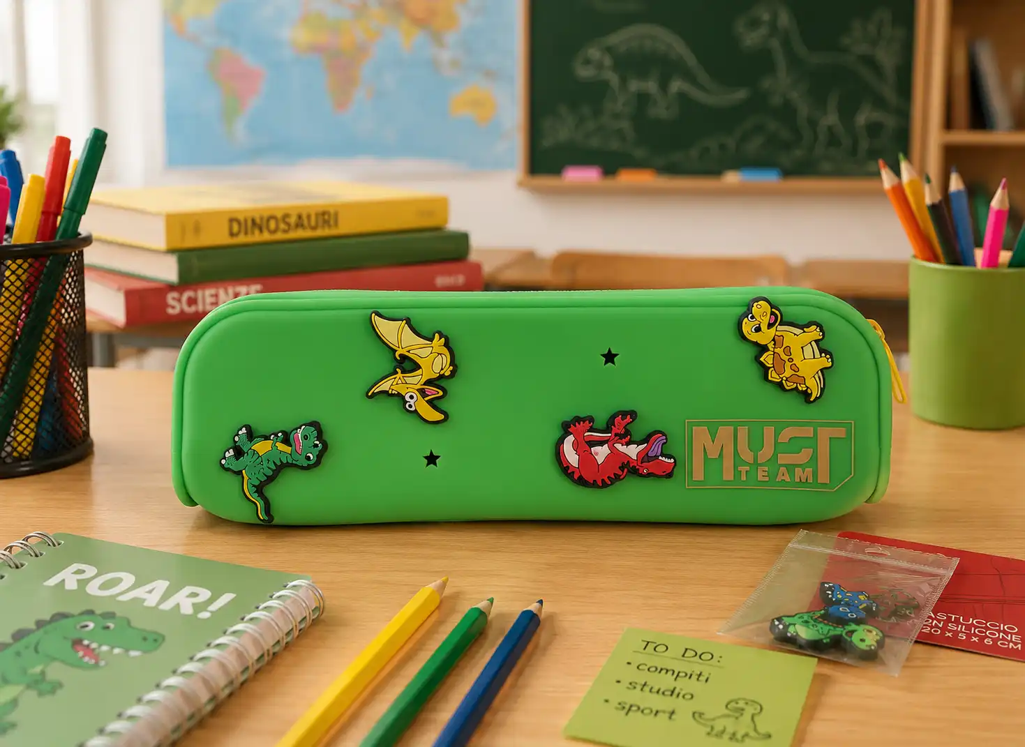 Astuccio In Silicone Verde Smeraldo 20x5x6Cm Portapenne Dinosauri Scuola Zip