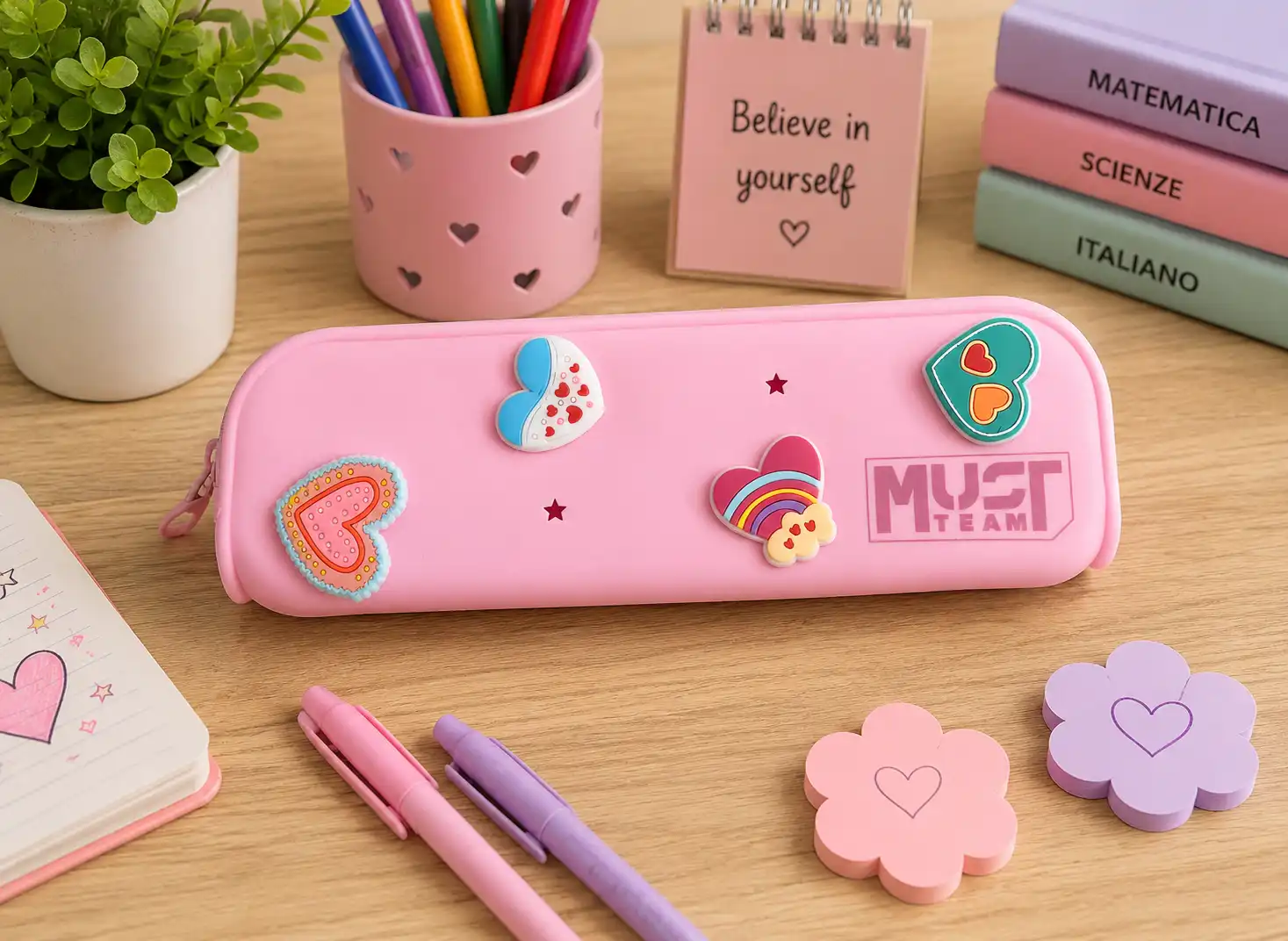 Astuccio In Silicone Rosa Pastello 20x5x6Cm Portapenne Cuori Scuola Con Zip