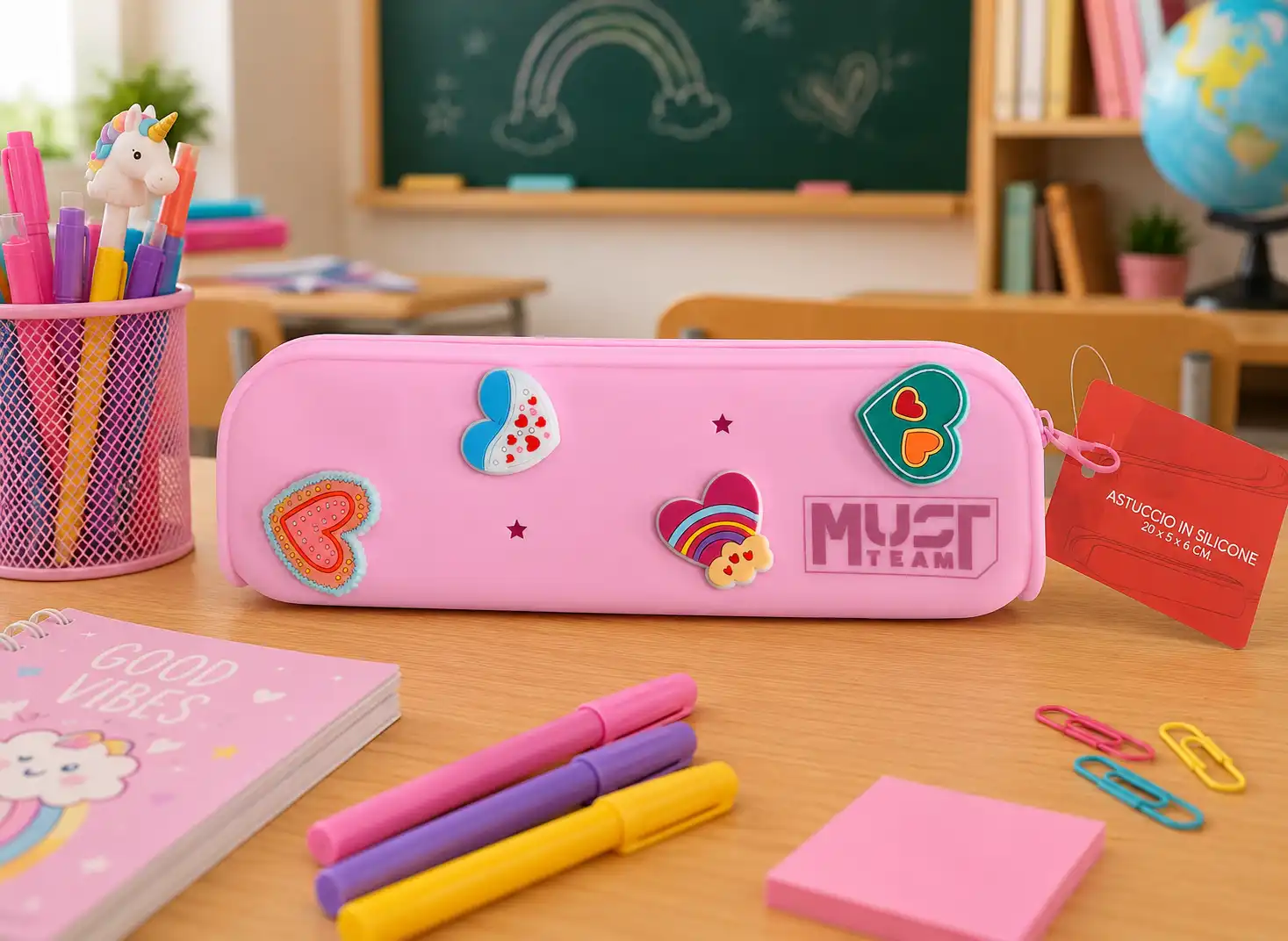 Astuccio In Silicone Rosa Pastello 20x5x6Cm Portapenne Cuori Scuola Con Zip