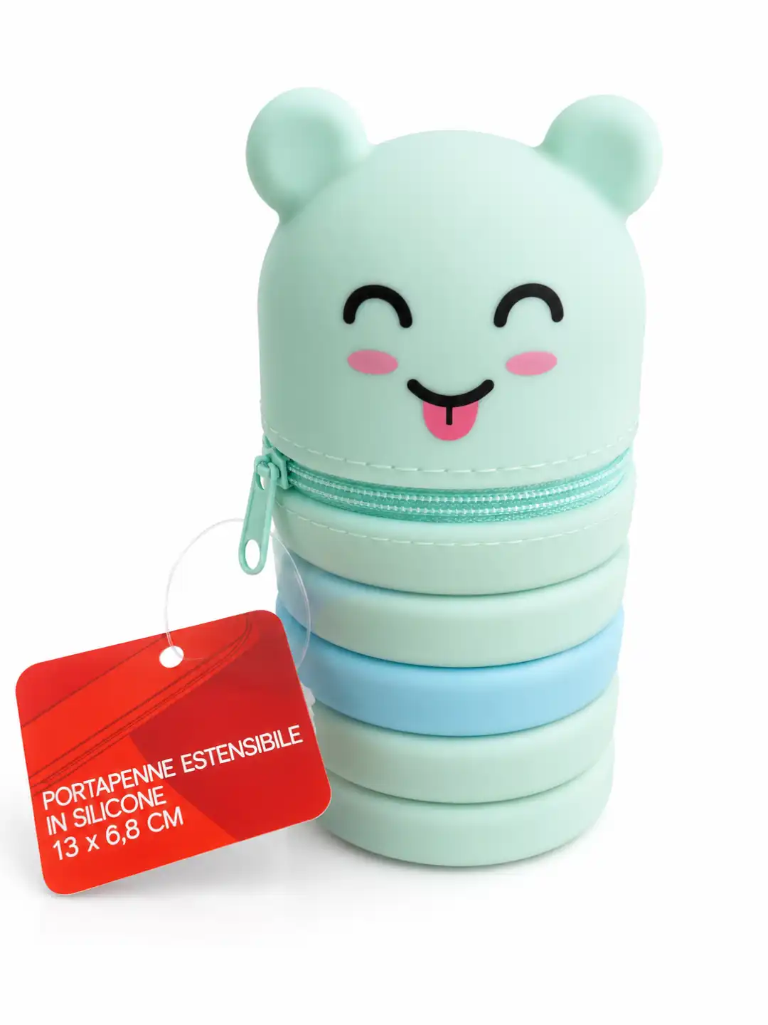 Portapenne Estensibile Silicone Orsetto Verde Acqua Menta Celeste 13x6,8cm Zip